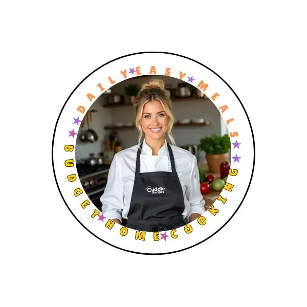 Contact Us.A smiling woman in a white chef's coat and black apron stands in a kitchen, surrounded by fresh ingredients. The logo for "Daily Easy Meals" encircles the image with the words "Budget Home Cooking