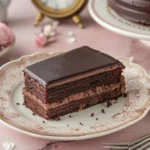 Quick 30-minute chocolate cake recipe with glossy chocolate glaze on cream plate, one slice cut showing moist texture, with timer visible in background