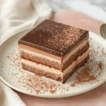 Square 5-ingredient chocolate cake recipe with simple chocolate glaze on cream plate, one slice removed showing moist texture, on blush pink marble surface