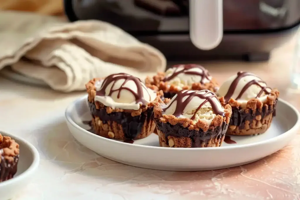 Close-up of chocolate cookie cups made from cake mix in an air fryer, with crispy edges, filled with vanilla ice cream, and drizzled with hot fudge. Plated on a white ceramic dish atop a blush or ivory surface, with soft natural daylight, a blurred air fryer in the background, and a cream linen napkin for added texture.
