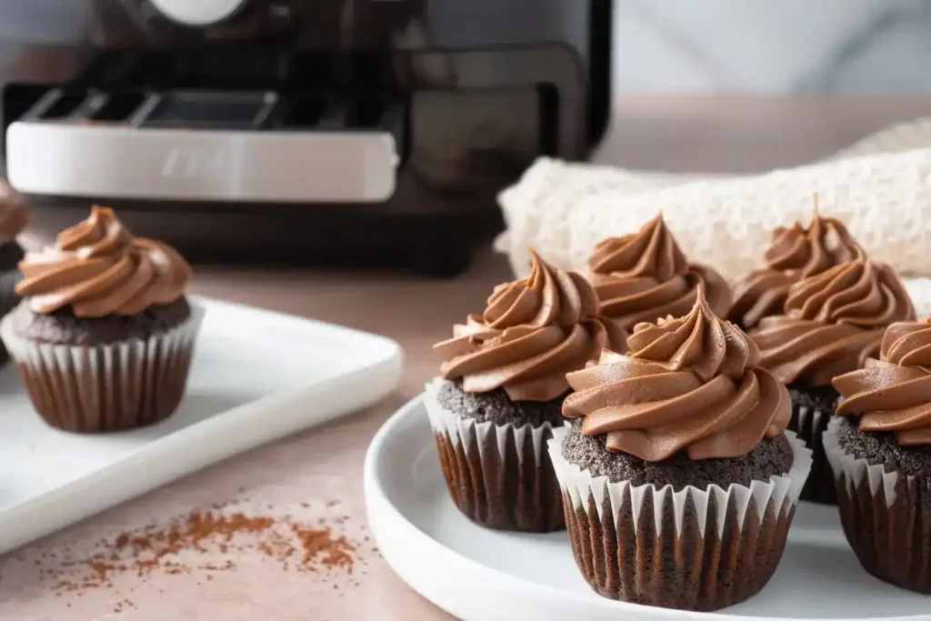 Close-up of Air Fryer Chocolate Cupcakes, with slightly crisp tops and moist interiors, topped with simple chocolate frosting. Cupcakes are arranged on a white ceramic plate placed on a blush surface, with an air fryer slightly blurred in the background and a cream linen napkin nearby.