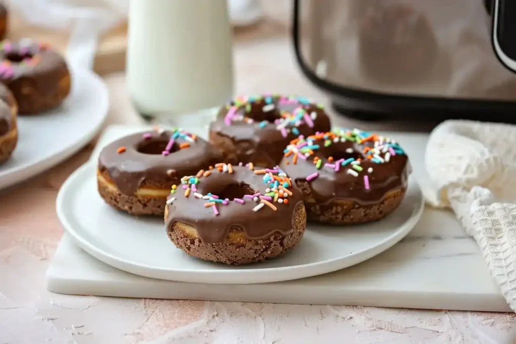 Realistic close-up of chocolate donuts made from cake mix in an air fryer, featuring a cake-like texture, chocolate glaze, and colorful sprinkles. The donuts are arranged on a white ceramic plate placed on a blush or ivory surface with natural daylight. A glass of milk and a blurred air fryer are visible in the background, alongside a neatly folded cream linen napkin.