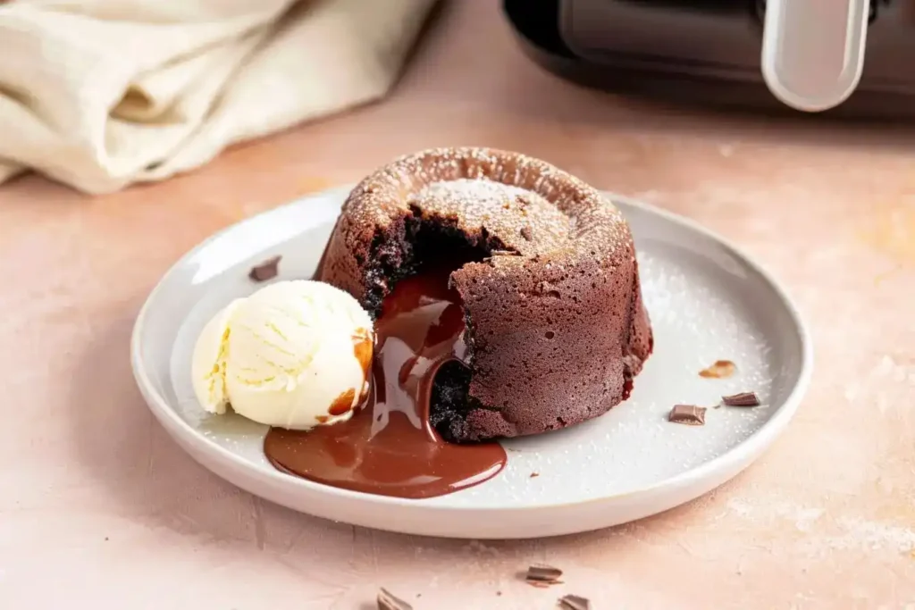 Realistic close-up of a chocolate lava cake made from cake mix in an air fryer, cut open to reveal a molten chocolate center flowing onto a white ceramic plate. A scoop of vanilla ice cream is melting beside it. The scene is set on a blush-toned surface with natural daylight, a cream linen napkin, and a blurred air fryer in the background.