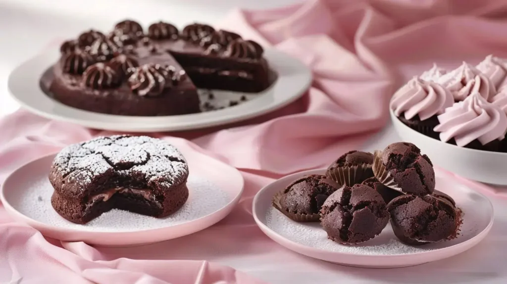 Side view of three chocolate cake mix desserts: crinkle cookies, doctored cake slice, and frosted cupcakes arranged on cream plates on blush tablecloth.Chocolate Cake Mix Recipes Section photo 1.