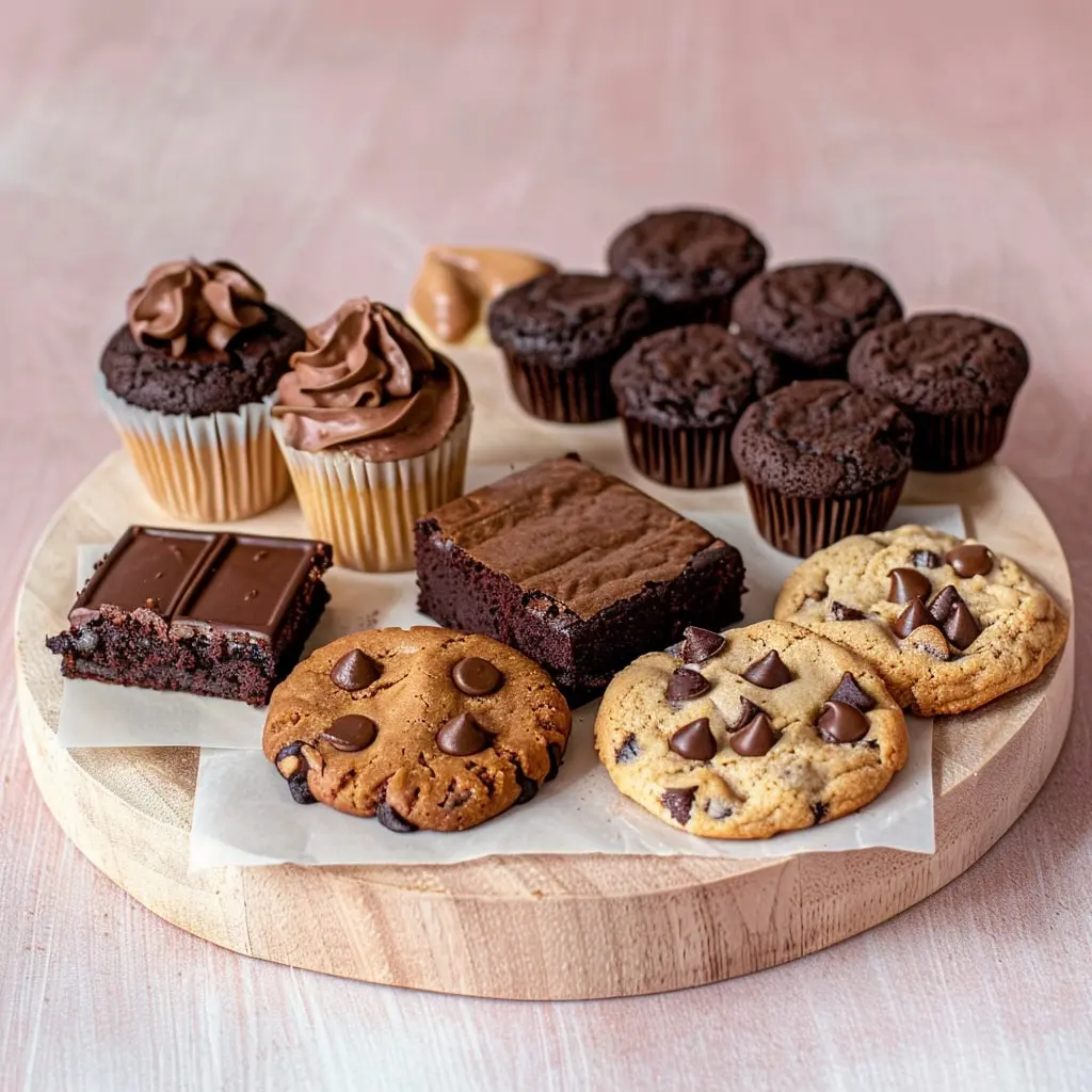 A wooden platter filled with assorted cChocolate Cake Mix Recipes categore home pageChocolate Cake Mix Recipes categore home page including cupcakes, brownies, chocolate bars, and chocolate chip cookies.