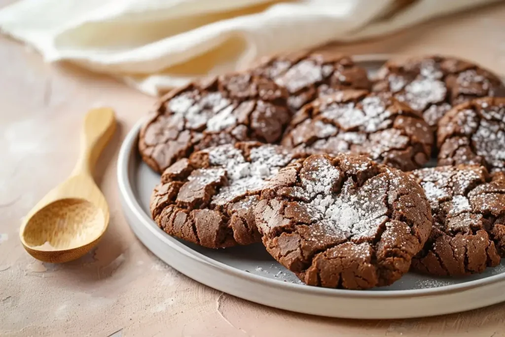 Chocolate cake mix cookies with crackled tops and powdered sugar coating on a white plate