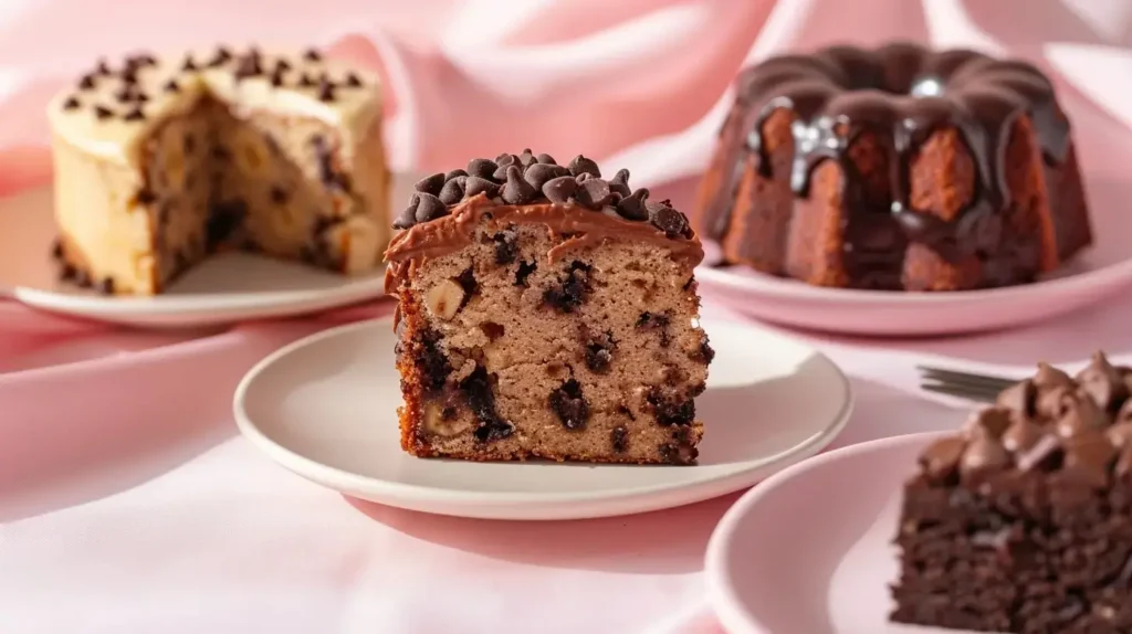Side view of three Chocolate Chip Cake Recipes Section photo 11. varieties: pound cake slice, banana chocolate chip cake, and glazed mini bundt cake on cream plates against blush background