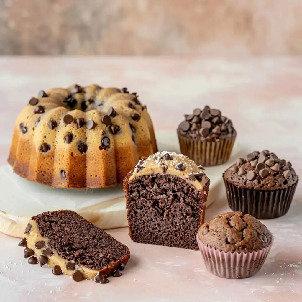 A variety of Chocolate Chip Cake Recipes categore home page including a bundt cake, sliced loaf, and muffins, topped with chocolate chips and powdered sugar.