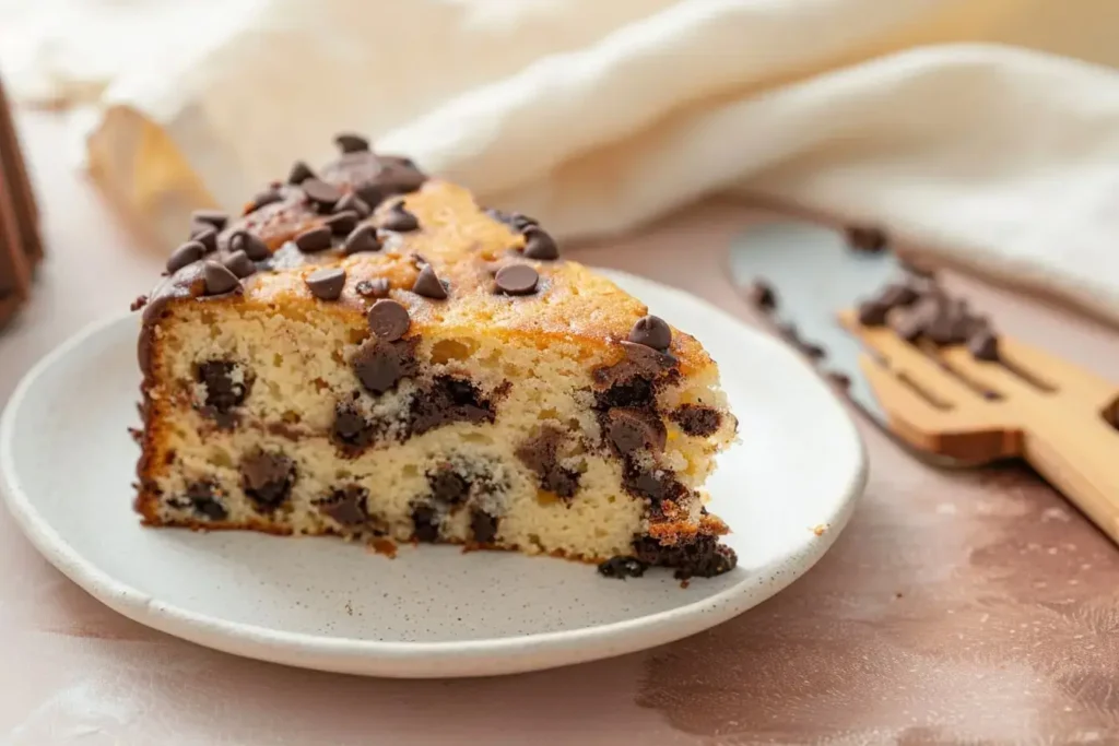 Slice of moist Chocolate Chip Cake Section cake with melting chocolate chips throughout