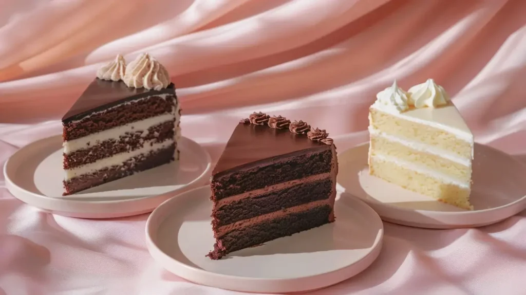 Side view of three chocolate cream cake varieties: cream cheese frosted cake, Boston cream cake with custard, and chocolate cake with whipped cream on cream plates on blush tablecloth.Chocolate Cream Cake Recipes Section photo 12