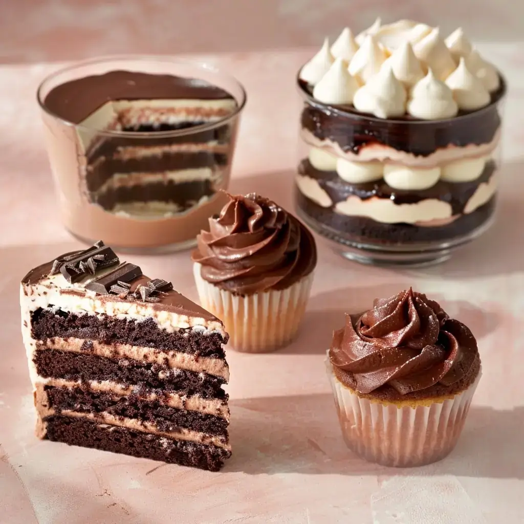 A variety of Chocolate Cream Cake Recipes categore hom page including layered cream cakes, chocolate cupcakes with frosting, and creamy trifle cups.