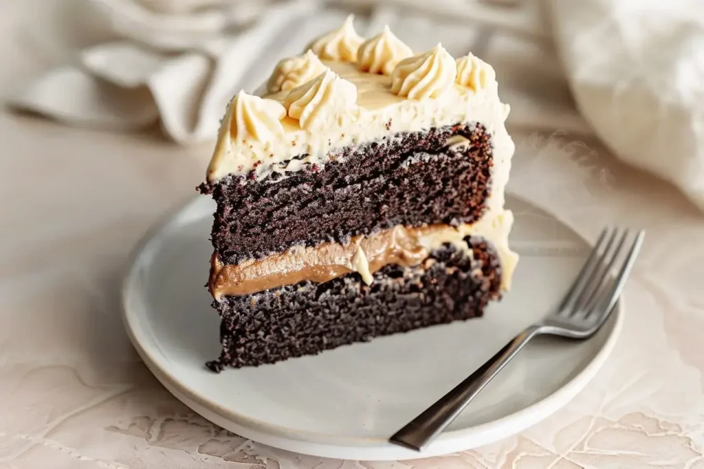 Slice of chocolate layer cake with creamy frosting between dark chocolate cake layer.Chocolate Cream Cake Section