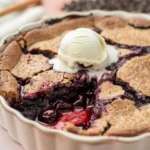 Chocolate Dump Cake from Mix with melting vanilla ice cream, showing layers of cake top and cherry filling