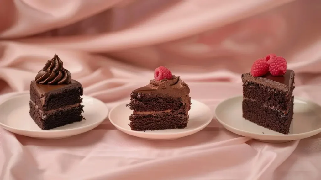 Side view of three easy chocolate cake varieties: 5-ingredient cake slice, mini sheet cake, and chocolate mug cake with raspberry on cream plates on blush tablecloth.Easy Chocolate Cake Recipes Section photo 13