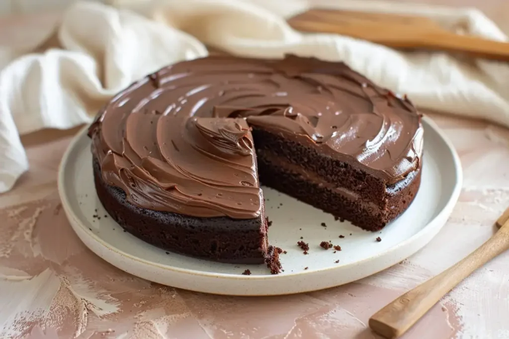 Homemade chocolate sheet cake with glossy fudge frosting and a slice removed.Easy Chocolate Cake Section