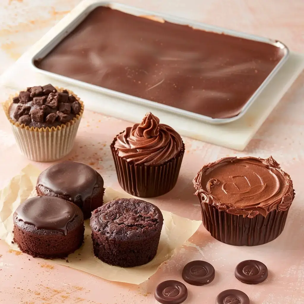 Variety of Easy Chocolate Cake categore hom page desserts including cupcakes, mini cakes and sheet cake on a blush background