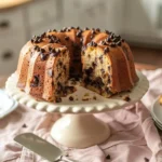 Homemade Easy chocolate chip pound cake recipe sliced on a cake stand showing moist interior with chocolate chips