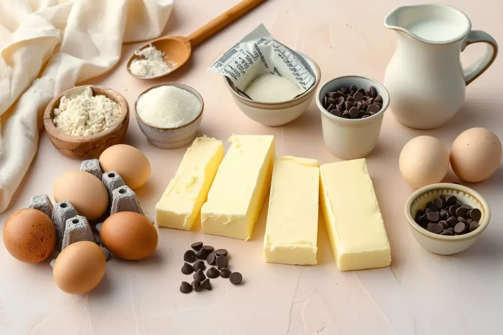 Flat lay of Easy chocolate chip pound cake recipe ingredients including butter, eggs, flour, sugar, chocolate chips, and milk on a light pink surface.