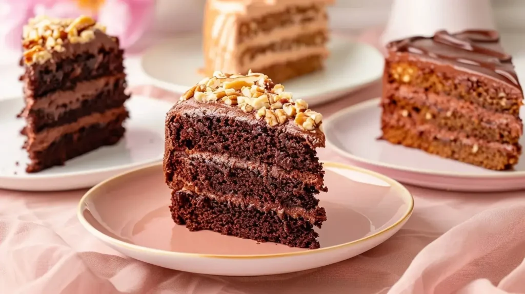 Side view of three German Chocolate Cake Recipes Section photo 14 : traditional cake slice with coconut-pecan frosting, German chocolate pound cake, and layered cake bar on cream plates on blush tablecloth