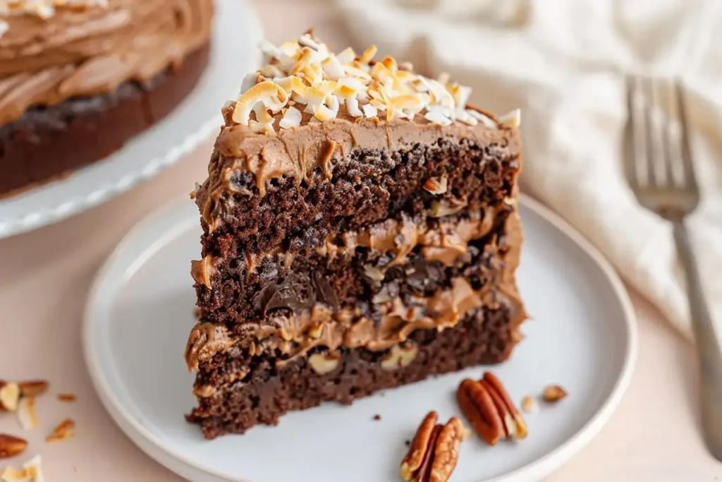 Close-up of German chocolate cake frosting with coconut flakes and pecan pieces.German Chocolate Cake Section