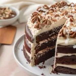 German Chocolate Cake Using Cake Mix and topped with homemade coconut-pecan frosting