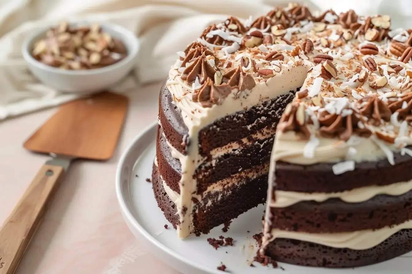 German Chocolate Cake Using Cake Mix and topped with homemade coconut-pecan frosting