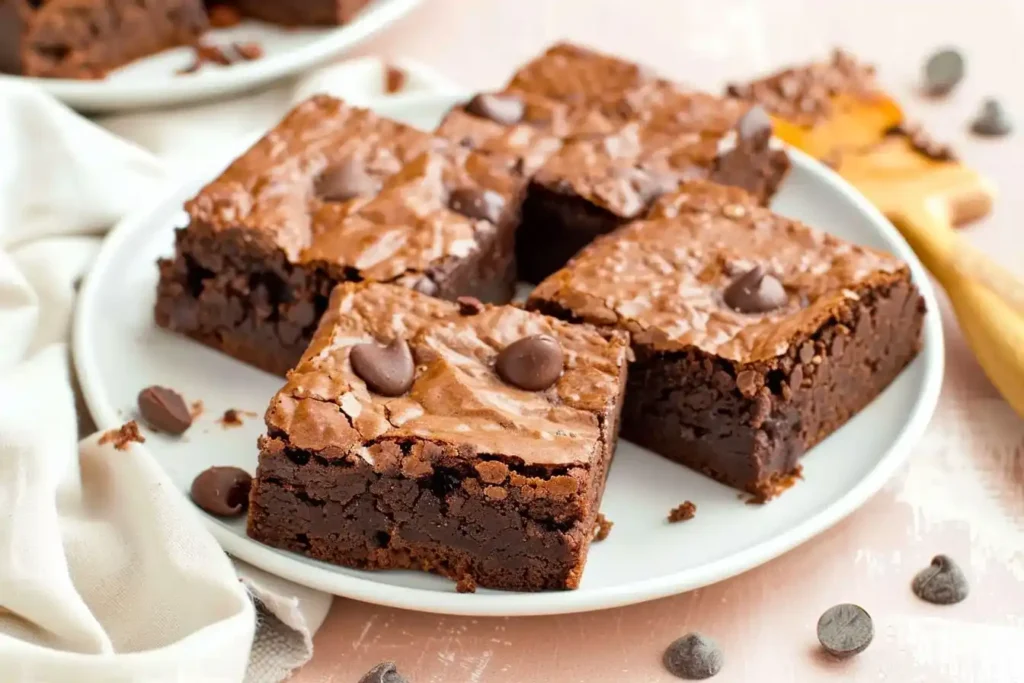 Fudgy Gluten-Free Chocolate Cake Mix Brownies topped with chocolate chips