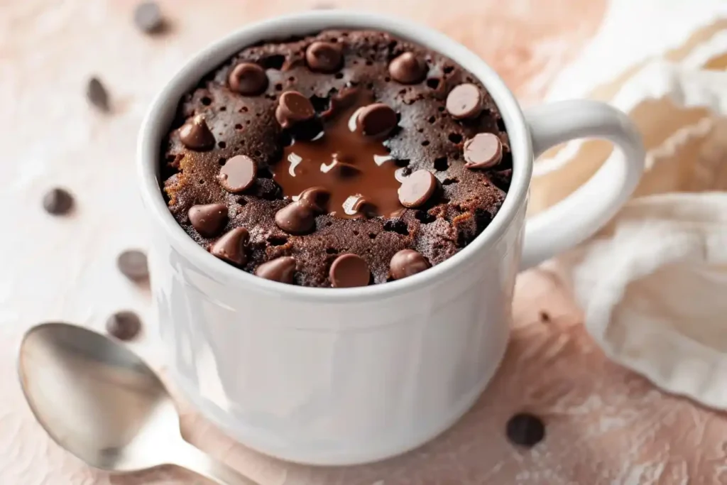 Single-serving Gluten-Free Chocolate Mug Cake with melted chocolate chips and a spoon