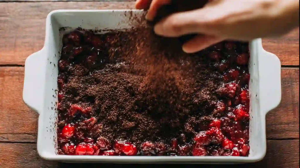 Sprinkling chocolate cake mix over cherries for Chocolate Dump Cake from Mix, one-pan dessert recipes and best boxed cake mix recipes for easy desserts for families