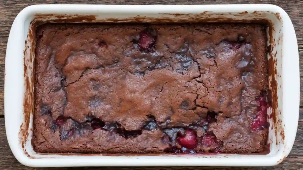 Baked Chocolate Dump Cake from Mix with bubbling cherry edges, one-pan dessert recipes and easy desserts for families made with the best boxed cake mix recipes