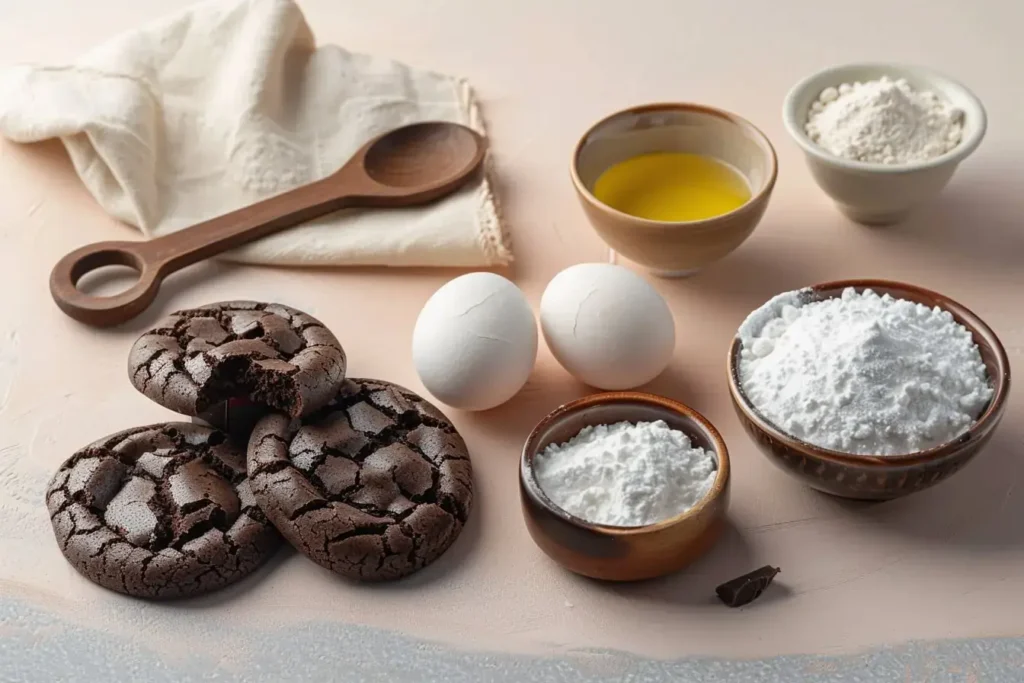 Ingredients for chocolate crinkle cookies cake mix arranged on a light surface - chocolate cake mix box, eggs, oil, and powdered sugar
