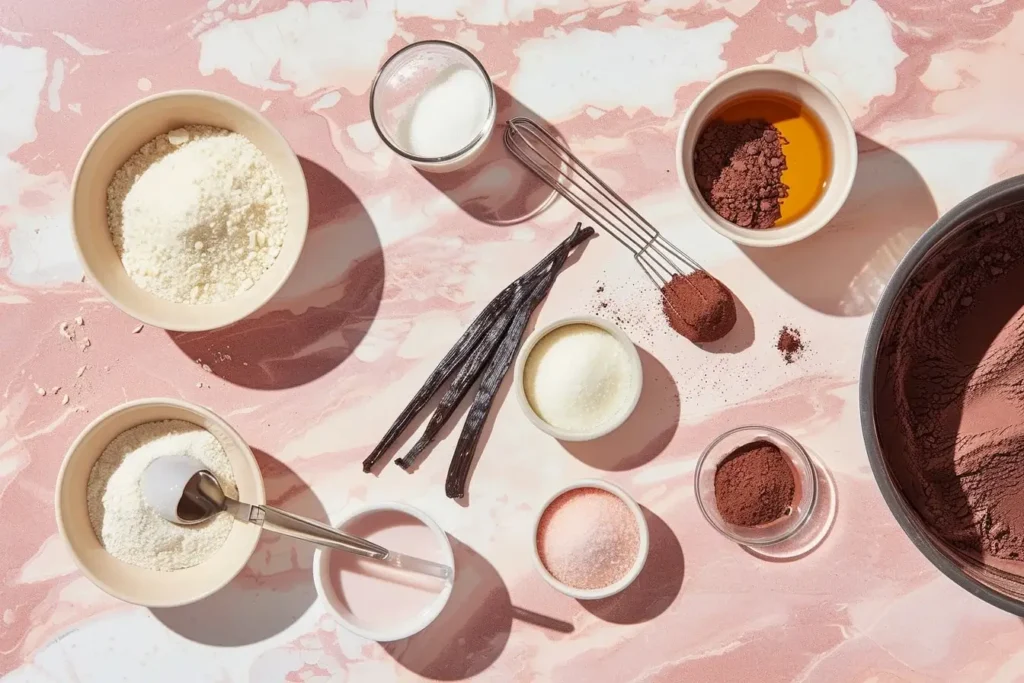 Ingredients for 30-minute chocolate cake recipe arranged on blush marble countertop with baking pan showing direct mixing method and timer showing 30 minutes