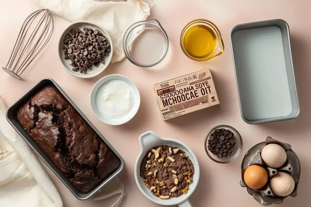 Ingredients for Chocolate Cake Mix Bread arranged on a light surface - cake mix, eggs, oil, water, and sour cream