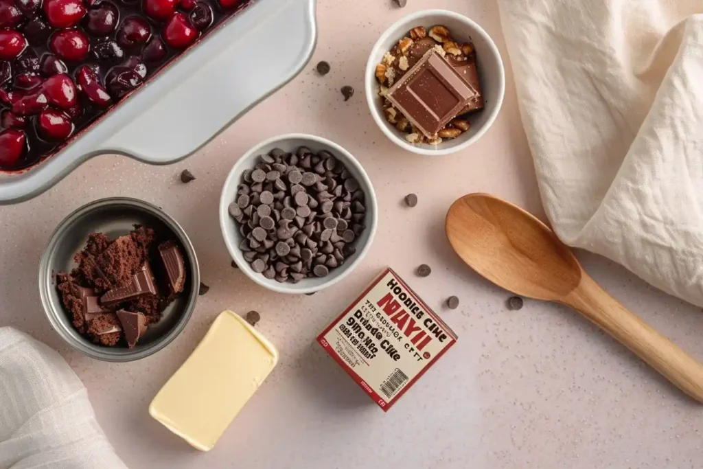 Ingredients for Chocolate Dump Cake from Mix arranged on a light surface - cake mix, cherry pie filling, butter, and chocolate chips