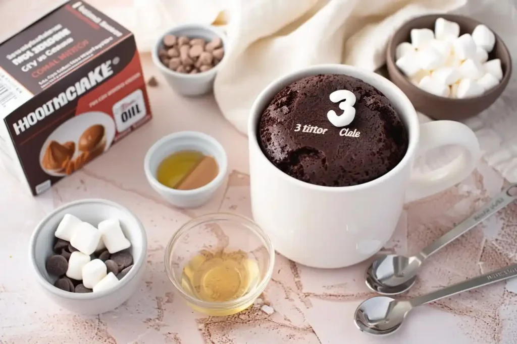 Ingredients for Chocolate Mug Cake from Cake Mix measured out with a mug and measuring spoons