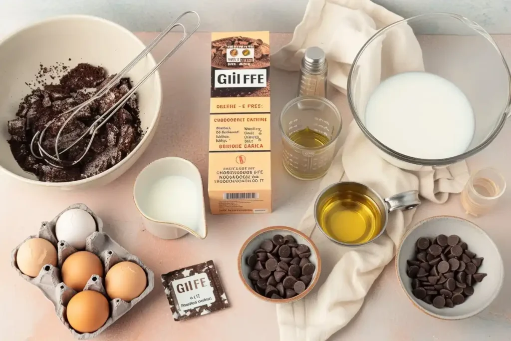 Ingredients for Gluten-Free Chocolate Cake Mix Recipes arranged on a light surface - GF cake mix, eggs, oil, and mix-ins