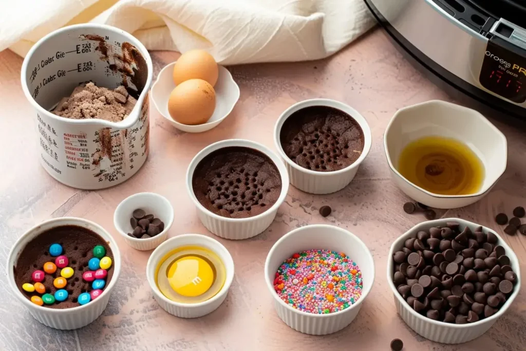 Ingredients for air fryer chocolate cookie cups arranged with silicone molds and mix-ins