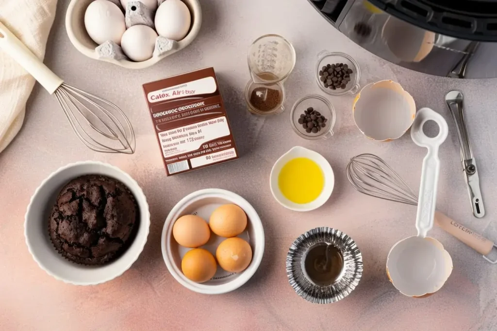 Ingredients for air fryer chocolate cupcakes arranged on a light surface - cake mix, eggs, oil, and water