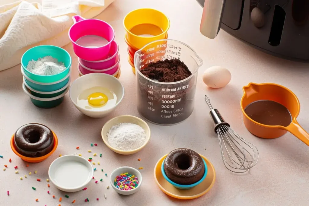 Ingredients for air fryer chocolate donut mug cakes arranged with silicone molds and sprinkles