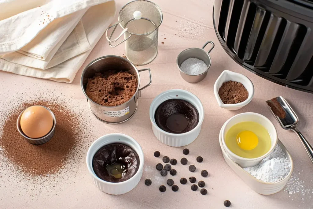 Ingredients for air fryer chocolate lava cakes arranged with two ramekins and an air fryer