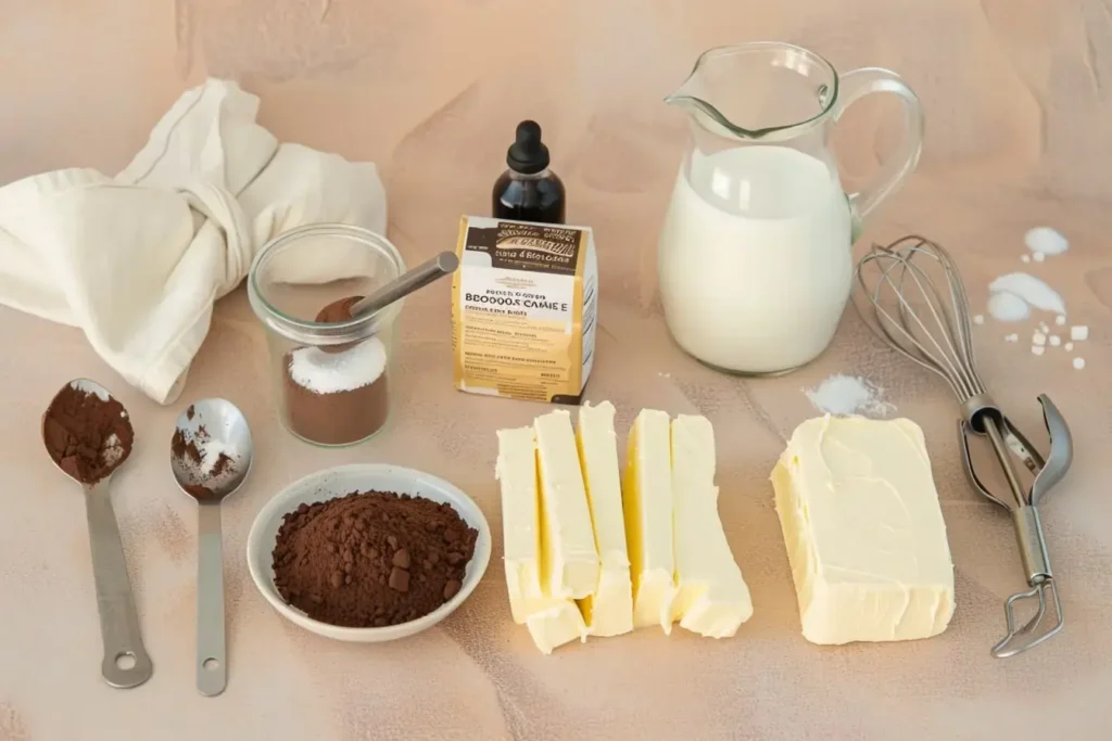 Ingredients for chocolate buttercream frosting arranged on a light surface - butter, powdered sugar, cocoa powder, cream, and vanilla.chocolate cake frosting recipes