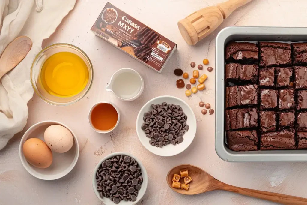 Ingredients for chocolate cake mix brownies arranged on a light surface - cake mix, eggs, oil, water, and mix-ins