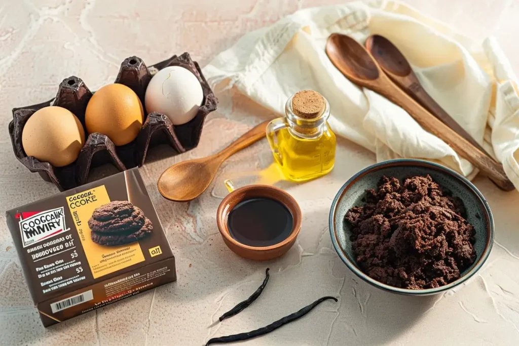 Ingredients for chocolate cake mix cookies on a light surface - cake mix box, eggs, oil, and vanilla with wooden utensils