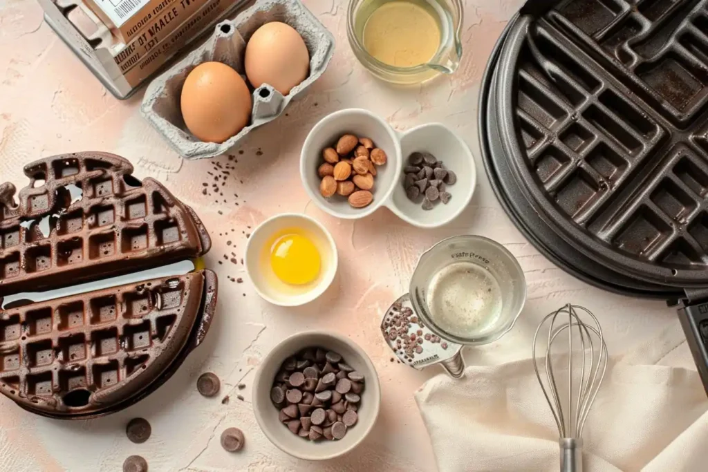 Ingredients for chocolate cake mix waffles arranged on a light surface - cake mix, eggs, oil, and water