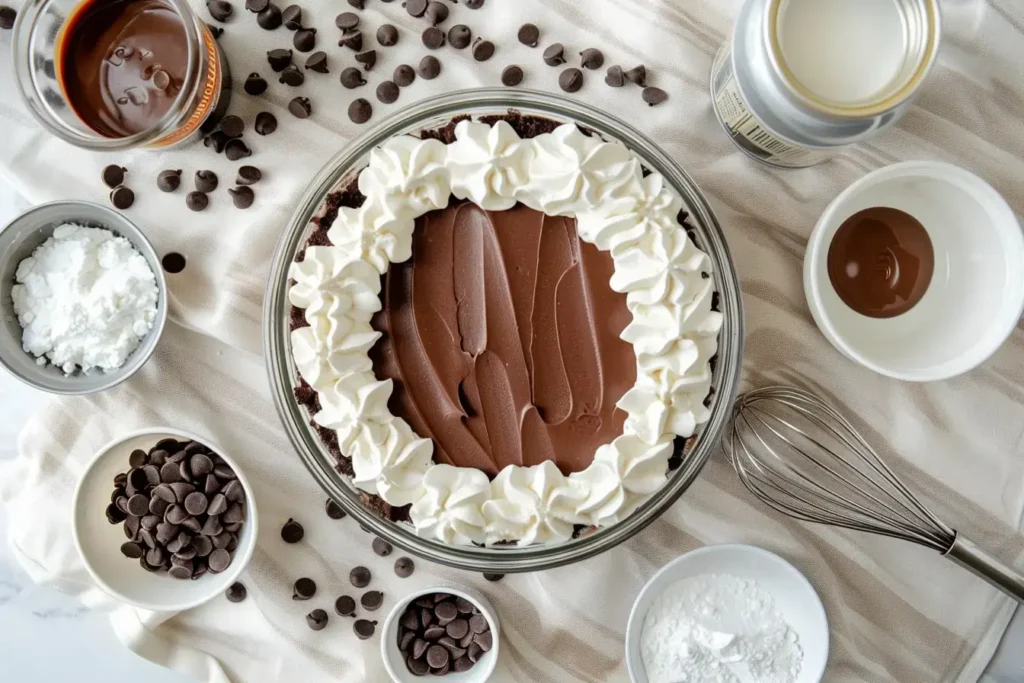 Ingredients for chocolate ice cream cake recipe including cake, whipped cream, sweetened condensed milk, cocoa powder, and chocolate chips arranged on light tablecloth
