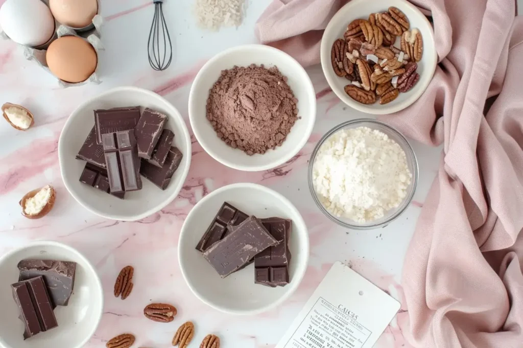 Ingredients for classic german chocolate cake recipe including Baker's chocolate, butter, eggs, flour, buttermilk, evaporated milk, pecans, and coconut in cream bowls