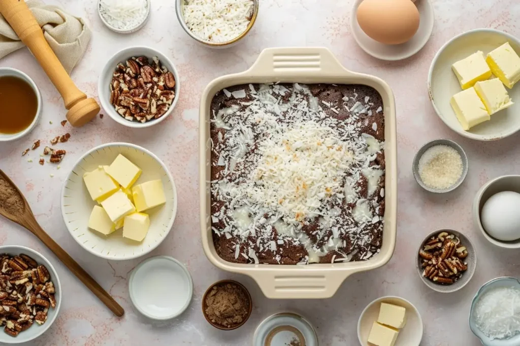 Ingredients for german chocolate poke cake recipe photo 2 including cake mix, sweetened condensed milk, coconut, and pecans in cream bowls on blush marble countertop