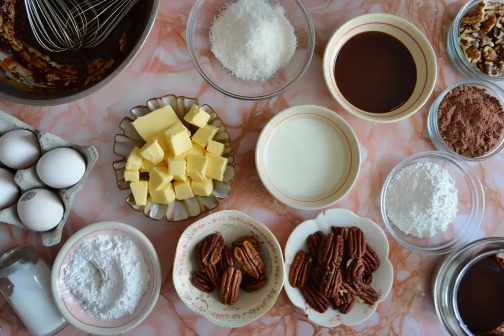 Ingredients for german chocolate pound cake recipe including butter, eggs, flour, cocoa powder, coconut, and pecans in cream bowls with bundt pan nearby