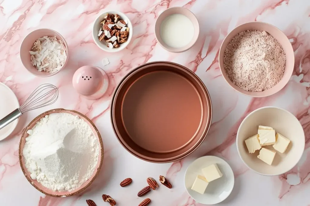 Ingredients for german chocolate upside down cake recipe photoo1 including flour, cocoa, coconut, and pecans in cream bowls on blush marble countertop with cake pan nearby