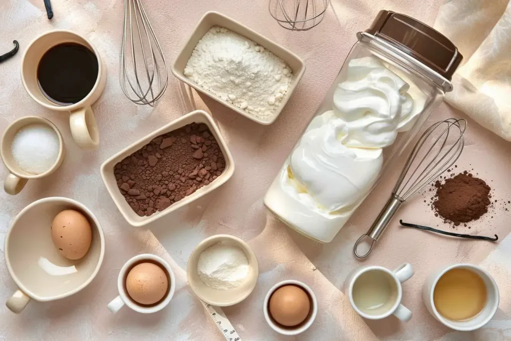 Ingredients for sour cream chocolate cake recipe including sour cream in jar, cocoa powder, flour, eggs, coffee, sugar, and vanilla on a blush tablecloth with whisks